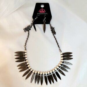 Paparazzi Statement Necklace & Earrings Set – Silver & Black Tribal Fringe